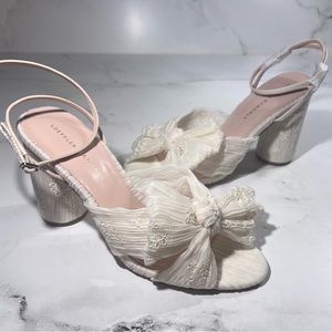 Loeffler Randall Camellia Pearl Broderie Pleated Fabric Bow Sandal Heels